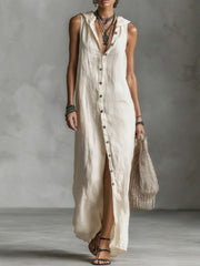 Women's casual loose sleeveless single-breasted cotton linen hooded dress