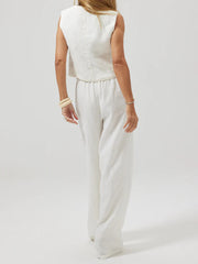 Women's Fashion Vest Splicing Solid Color Cotton and Linen Casual Suit