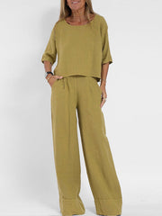 Women's Cotton And Linen Solid Color Two-Piece Suit