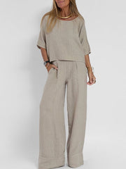Women's Cotton And Linen Solid Color Two-Piece Suit