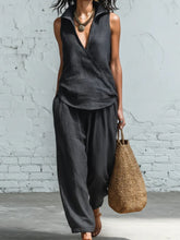 Women's collared shirt and wide-leg trousers linen two-piece set