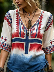 Women's Nordic Scandinavia Style Floral Art Printed Linen Tops