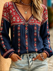 Women's Nordic Scandinavia Style Floral Art Printed Linen Tops