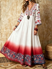 Women's Nordic Scandinavian Style Floral Art Printed V-neck dress with pockets
