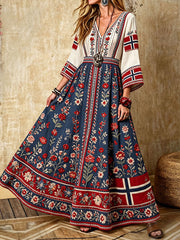 Women's Nordic Scandinavian Style Floral Art Printed Linen Dress