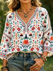 Women's Scandinavian Style Art Printed Linen Tops