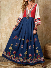 Women's Nordic Scandinavian Style Floral Art Printed Linen Dress