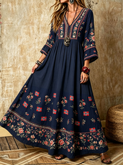 Women's Nordic Scandinavian Style Floral Art Printed V-neck dress with pockets