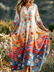 Women's Nordic Scandinavian Style Floral Art Printed Linen Dress