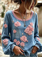Women's Retro Floral and Lace Patchwork Striped Art Top