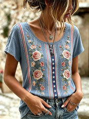 Women's Vintage Floral America Independence Day Print T-Shirt