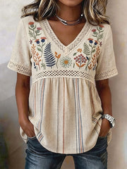 Women's Retro Striped Floral Patchwork V-Neck Cotton-Linen Blouse