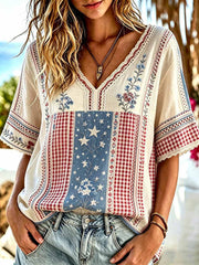 Women's Vintage Floral Collage Art American Commemorative Print Top