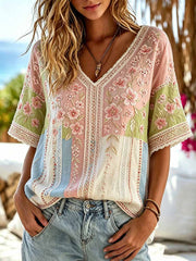 Women's Retro Floral and Lace Patchwork Striped Art V-Neck Top