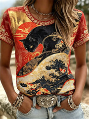 Women's Black Cat & Sea Waves Japanese Art Print T-shirts