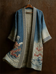 Men's Japanese Dragon Sea Waves Print Contrast Dyed Long Kimono Cardigan
