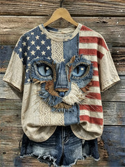 Women's Cat Face American Flag Fiber Art Print linen short-sleeved T-shirt