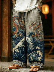 Men's Japanese Dragons Sea Waves Print Linen Pants