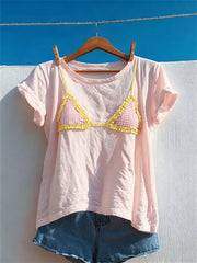 Women's Ruffle Trim Check Bikini Print short-sleeved T-shirt