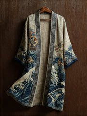 Men's Dragons & Sea Waves Japanese Traditional Print Long Kimono Cardigan