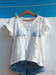 Women's Lace Trim Check Bikini Print short-sleeved T-shirt