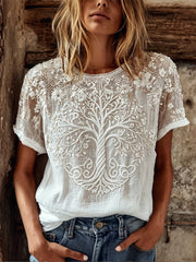 Women's Vintage Viking Tree of Life Boho Floral Print linen short-sleeved T-shirt
