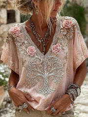 Women's Viking Tree of Life Classy Roses Floral Print linen short-sleeved T-shirt