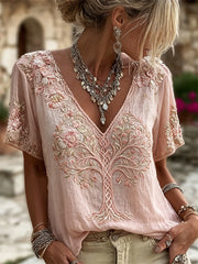 Women's Vintage Tree of Life Floral Print linen short-sleeved T-shirt