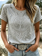 Women's Viking Tree Of Life Floral Lace Print linen short-sleeved T-shirt