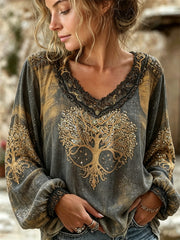 Women's Vintage Glitter Viking Tree of Life Bleached Print Cotton-Linen Shirt