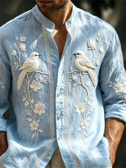 Men's Vintage Classy Birds on Floral Branch Print Comfy Shirt
