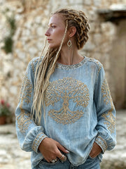 Women's Classy Vintage Viking Tree of Life Glitter Print Cotton-Linen Shirt
