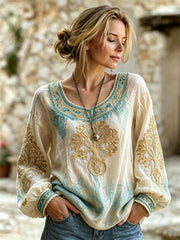 Women's Vintage Classy Glitter Tree of Life Viking Print Cotton-Linen Shirt