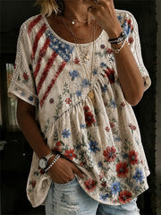 Women's Vintage American Flag Floral Art Print Pleated Cotton-Linen Shirt