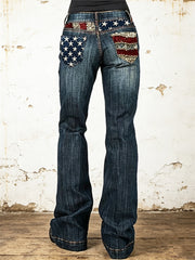 Women's Vintage American Flag Glitter Print Washed Bootcut Jeans