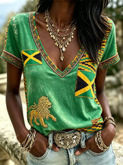 Women's Reggae Lion Jamaica Flag & Kente Patchwork Print short-sleeved T-shirt