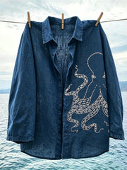 Women's Octopus Japanese Sashiko Art Print Linen shirts