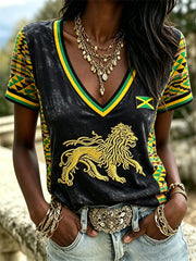 Women's Reggae Lion & Jamaica Flag Kente Colorblock Print short-sleeved T-shirt