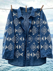 Women's Japanese Geometric Fish Sashiko Art Linen shirts