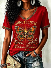 Women's Juneteenth Print Casual V-Neck Tee