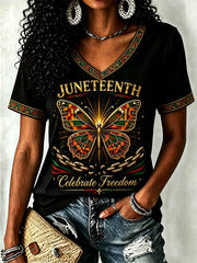 Women's Juneteenth Print Casual V-Neck Tee