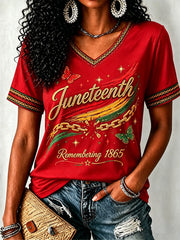 Women's Juneteenth Print Casual V-Neck Tee