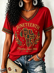 Women's Juneteenth Print Casual V-Neck Tee