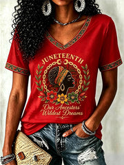 Women's Juneteenth Print Casual V-Neck Tee
