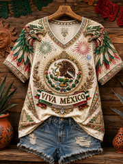 Women's Mexico Pride Art Printed Linen T-shirt