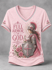 Women's Christian Full Armor Of God Print Casual V-Neck Tee
