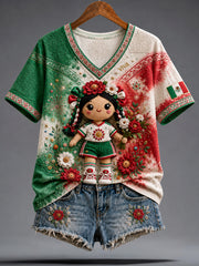 Women's Funny Lele Doll Mexico Football Lover Art Printed T-Shirt