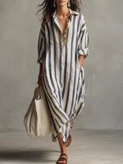 Women’s Vacation Bohemian Striped Long-Sleeve Shirt Dress