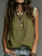 Women’S Lace-Trimmed Round Neck, Sleeveless Cotton-Linen Top