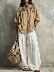 Women’S Cotton-Linen Bubble Sleeve Blouse Paired With Wide-Leg Pants Outfit